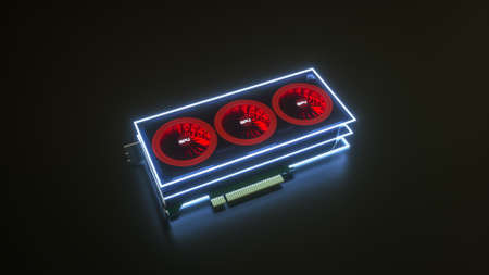 three-dimensional video card in neon light on a black background. GPU adapter. 3d render...