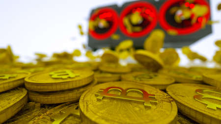gold coins with bitcoin symbol are pouring out of a 3D model of a video card on a white background....