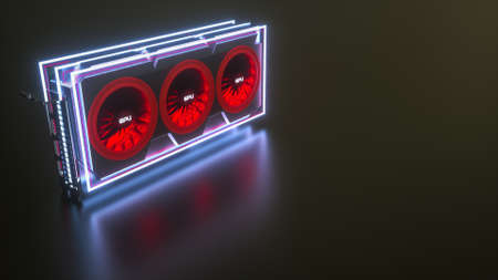 three-dimensional video card in neon light on a black background. GPU adapter. 3d render...