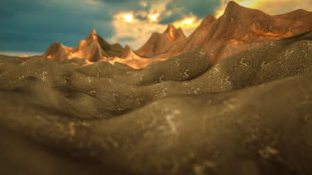 three-dimensional stylized landscape at sunset. 3d render illustrationの写真素材