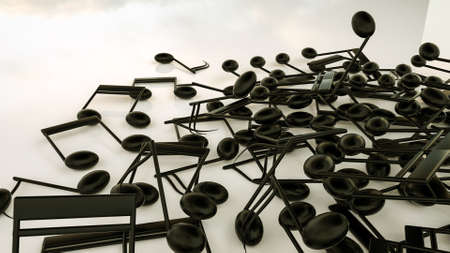 three-dimensional notes are scattered on a white background. musical concept. 3d render illustrationの写真素材