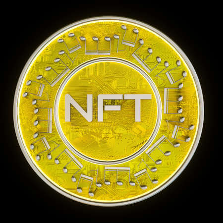 three-dimensional coin with nft lettering and notes icons around. crypto art concept. 3d render illustrationの写真素材