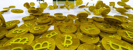 gold coins with bitcoin symbol are pouring out of a 3D model of a video card on a white background....