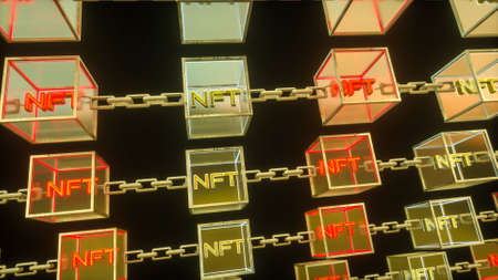 three-dimensional transparent cubes with the word nft connected by a chain on a dark background. concept block chain and crypto art. 3d render illustrationの写真素材
