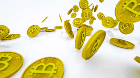 many gold coins with bitcoin symbol on white background. 3d render illustrationの写真素材