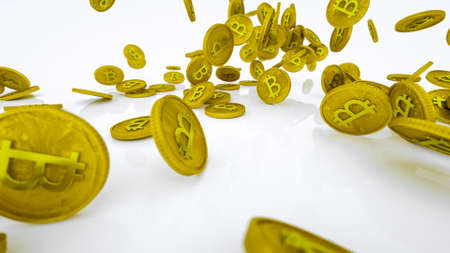 many gold coins with bitcoin symbol on white background. 3d render illustrationの写真素材