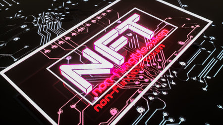 glowing three-dimensional inscription nft on a black background. crypto art concept. 3d render illustrationの写真素材
