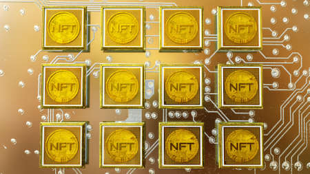 picture with a gold coin with the inscription nft in a baguette on the background of a printed...