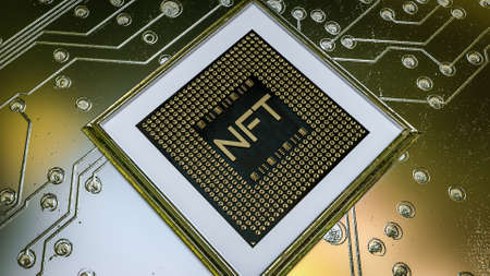 picture with the inscription nft in a baguette on the background of a printed circuit board. crypto art concept. 3d render illustrationの写真素材