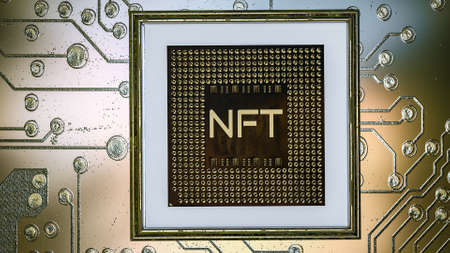 picture with the inscription nft in a baguette on the background of a printed circuit board. crypto art concept. 3d render illustrationの写真素材