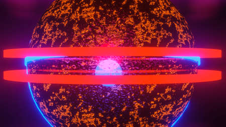 dark sphere with glowing texture and glowing neon rings around. abstract composition. 3d render...