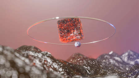 space abstract landscape with three-dimensional cube and flying sphere. 3d render illustration