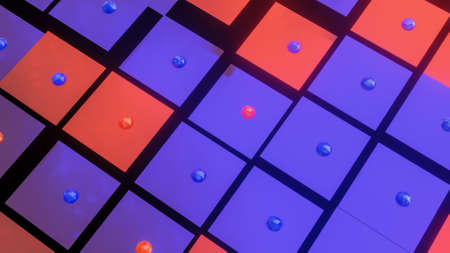 abstract background of red and blue tiles with spheres. 3d render illustration