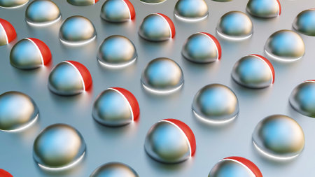 background from rows of red-silver spheres. abstract composition 3d render illustrationの写真素材