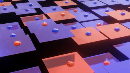 abstract background of red and blue tiles with spheres. 3d render illustration