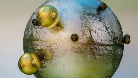 gold and black small balls on the surface of a silvery large sphere. abstract three-dimensional...