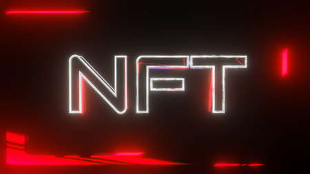 three-dimensional glowing red nft inscription on a dark background. crypto art concept. 3d render...