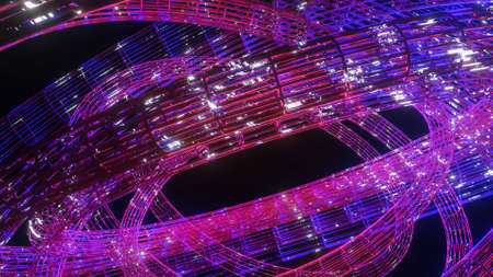 background of several three-dimensional rings with a luminous texture on dark. abstract three-dimensional composition. 3d render illustrationの写真素材