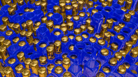 abstract background of golden cylinders sticking out of blue cubes with holes. 3d render illustrationの写真素材