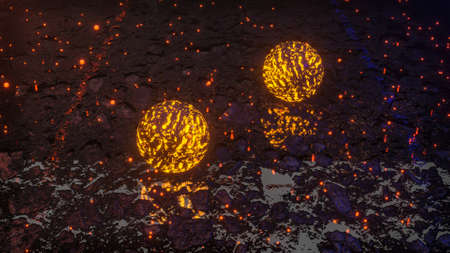 spheres with a luminous texture on a dark rough surface. abstract three-dimensional composition. 3d...