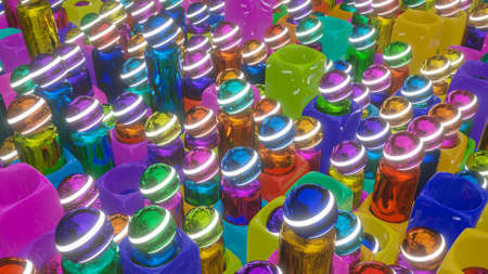 abstract background of multicolored cylinders with spheres sticking out of cubes and with holes. 3d render illustrationの写真素材