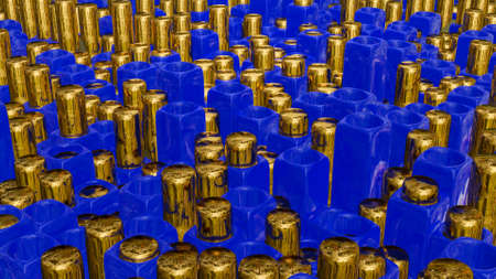 abstract background of golden cylinders sticking out of blue cubes with holes. 3d render illustrationの写真素材