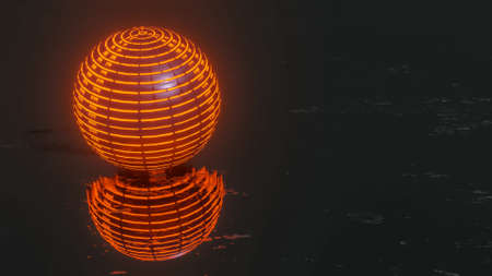 3D dark sphere with glowing orange texture on a dark background. 3d render illustrationの写真素材