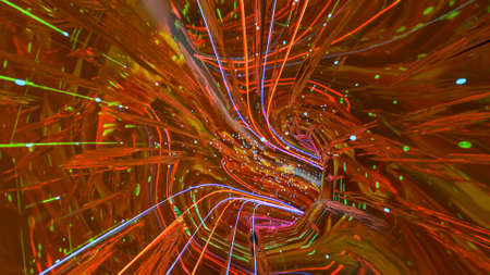 inside an abstract 3D tunnel with neon stripes. colorful background. 3d render illustration