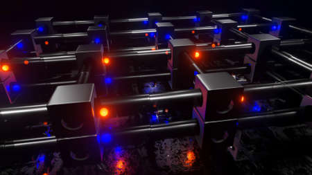 glowing red and blue spheres fly through transparent pipes connected in squares. abstract three-dimensional composition. 3d render illustrationの写真素材