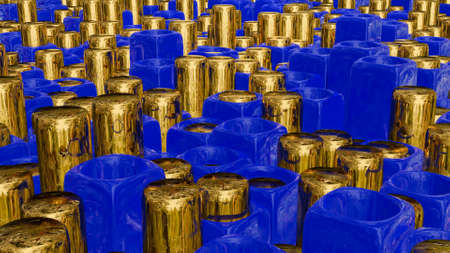 abstract background of golden cylinders sticking out of blue cubes with holes. 3d render...