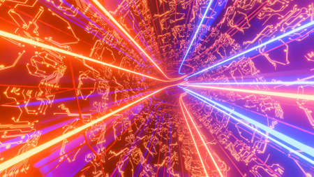 inside an abstract 3D tunnel with neon stripes. colorful background. 3d render illustrationの写真素材
