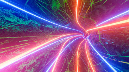 inside an abstract 3D tunnel with neon stripes. colorful background. 3d render illustrationの写真素材
