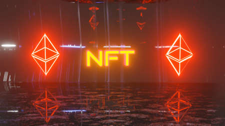 dark background with a column and a luminous ethereum sign and the inscription nft in a glass...