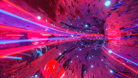 inside an abstract 3D tunnel with neon stripes. colorful background. 3d render illustration