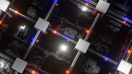 glowing red and blue spheres fly through transparent pipes connected in squares. abstract...