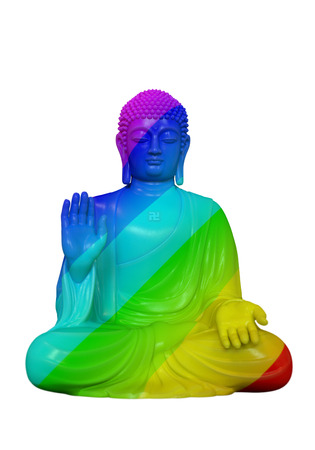 3D render of a rainbow colored Buddha statue in lotus pose on a white backgroundの写真素材