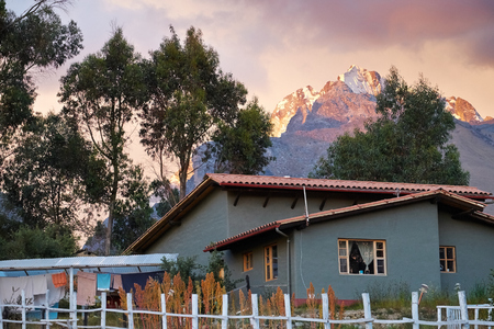 A mountain cabin with the summit of Nev Churup in the Andes, Peru, South America.のeditorial素材