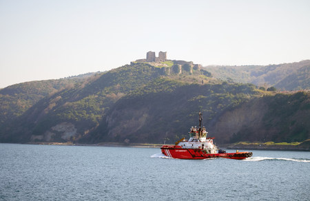 ISTANBUL, TURKEY - FEBRUARY 13, 2014: Coast guard on the Bosphorus near Yoros Castle, Istanbul, Turkey.のeditorial素材
