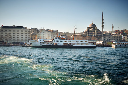 ISTANBUL, TURKEY - FEBRUARY 13, 2014: Looking back towards the New Mosque from a boat on the Bosphorus, Istanbulin Turkey.のeditorial素材