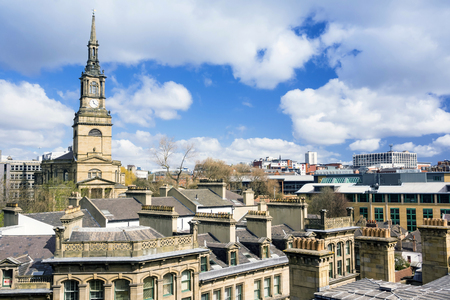 NEWCASTLE UPON TYNE QUAYSIDE, ENGLAND, UK - APRIL 26, 2013: Newcastle City Skyline with All Saints Church on the left.のeditorial素材