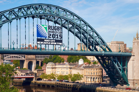 NEWCASTLE UPON TYNE, ENGLAND, UK - AUGUST 13, 2015:  Rugby World Cup 2015 banner on the Tyne Bridge, Newcastle Quayside.のeditorial素材