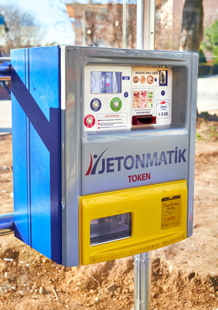 ISTANBUL, TURKEY - FEBRUARY 13, 2014: A ticket machine at a tram station in Istanbul, Turkey.のeditorial素材