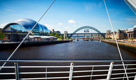 NEWCASTLE UPON TYNE, ENGLAND, UK - AUGUST 13, 2015: The Tyne Bridge, Sage and Quayside from the...