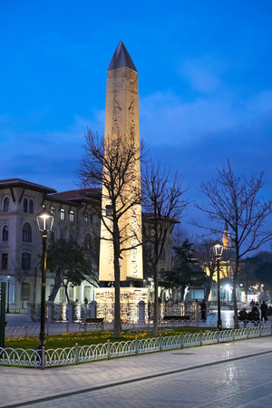 ISTANBUL, TURKEY - FEBRUARY 12, 2014: Serpentine Column at the Hippodrome of Constantinople at night in Istanbul, Turkey.のeditorial素材