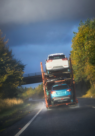 A1 MOTORWAY LAMBERTON, SCOTLAND, UK - NOVEMBER 05, 2016: A car transporter traveling along the A1 in...