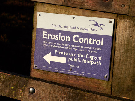 Erosion Control sign in the Northumberland Countryside, Simonside near Rothbury, England, UK.のeditorial素材