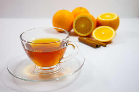 Cup of tea isolated on white. Citrus and spices drinks for health.の写真素材