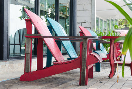 Table with wood chairs in vintage style  at coffee shopの写真素材