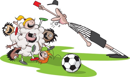 A vector cartoon of kids playing soccer  Kid bunch,referee,ball and grass are all on separate layers のイラスト素材