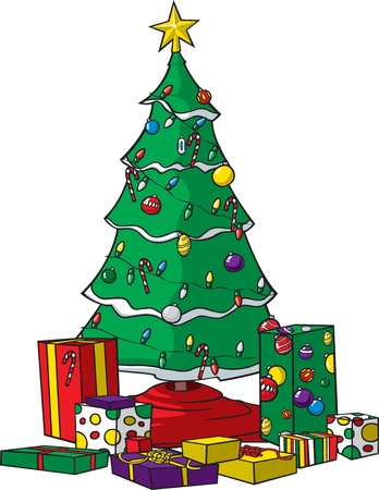 A vector cartoon Christmas tree with ornaments, lights and presents  Tree, ornaments, lights and each individual present are all on separate layers  Two layers for lights,  on or off   Move presents around and redecorate the tree  のイラスト素材
